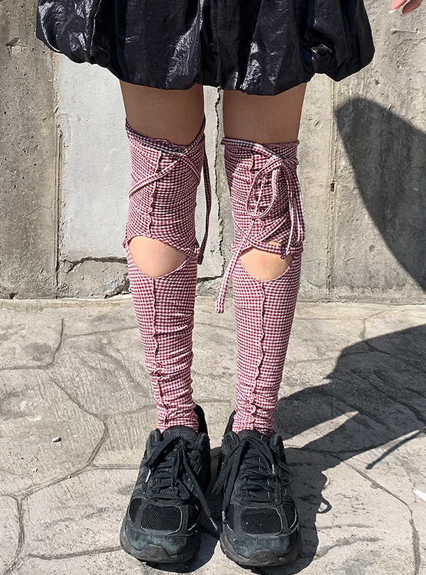 Check string knee socks (2color)